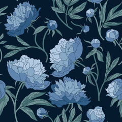Fototapeta premium Peony Seamless Pattern with Blooming Flowers on Dark Background.