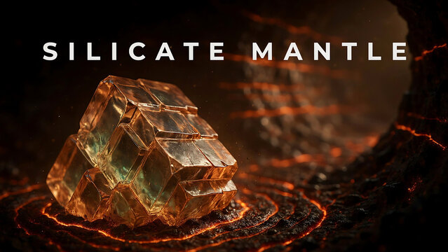 Large crystal silicate mantle mineral formation on molten lava surface in dark environment with orange glow and rocky surroundings