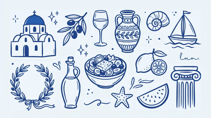 Greek travel icons set, hand drawn blue mediterranean culture illustrations, traditional greece vacation elements vector, aesthetic summer holiday doodles © Muhammad
