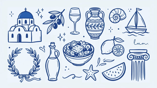 Greek travel icons set, hand drawn blue mediterranean culture illustrations, traditional greece vacation elements vector, aesthetic summer holiday doodles