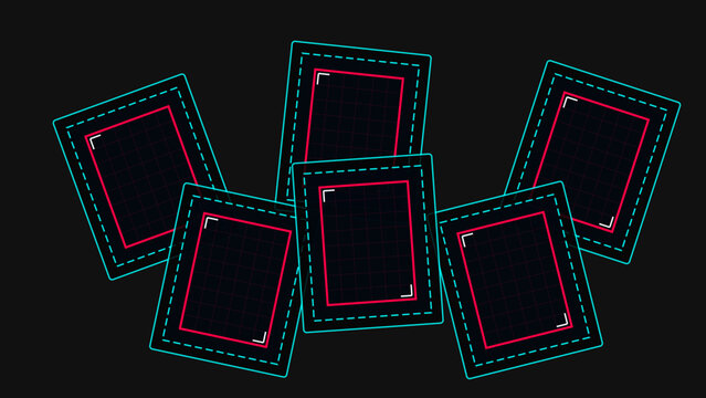 Cyberpunk neon holographic set of six tilted black photo frames with white borders on transparent background for collage and scrapbook designs