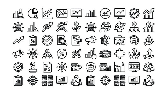 Collection of business and finance icons including graphs charts and people  various symbols for commerce and marketing concepts