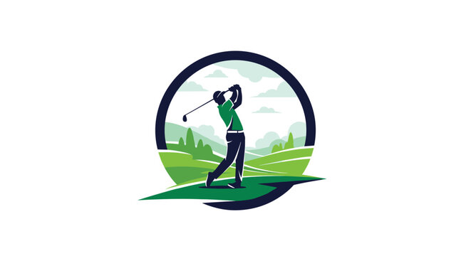 Professional golf sport logo showing a golfer player swinging the club on a beautiful green course.