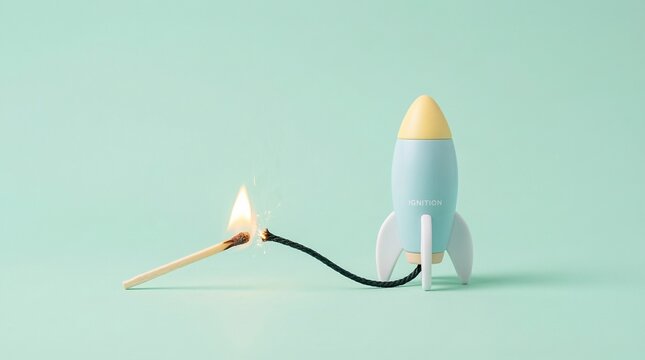 Creative Business Startup Concept Featuring a Toy Rocket and Ignited Fuse for Project Launch