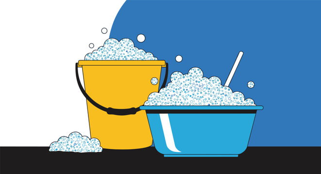 Yellow plastic bucket and blue washing basin filled with thick soapy foam bubbles on blue and white background.