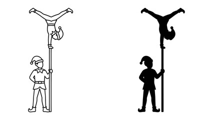 Acrobatic Elf Duo: Two whimsical elves, one performing a handstand atop a pole while the other stands at its base, showcase balance and a touch of festive magic. © Hasina
