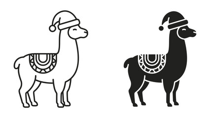 Christmas Llama Icons: Two stylized llama icons, one in black and white outline and the other in silhouette, both adorned with festive Santa hats and decorative blankets, ready for holiday cheer. © Hasna