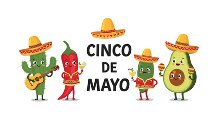 Fototapeta premium Cheerful Cinco de Mayo party illustration with cute cartoon cactus, chili pepper, avocado, and lime characters.