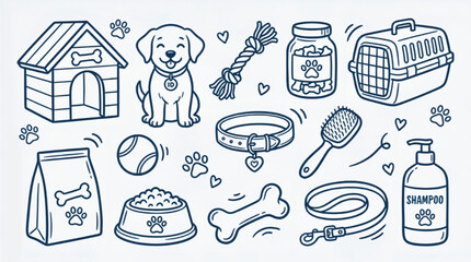 Hand drawn dog care icons set, cute puppy and pet supplies vector illustrations, blue line art doodle collection for veterinary and grooming services © Muhammad
