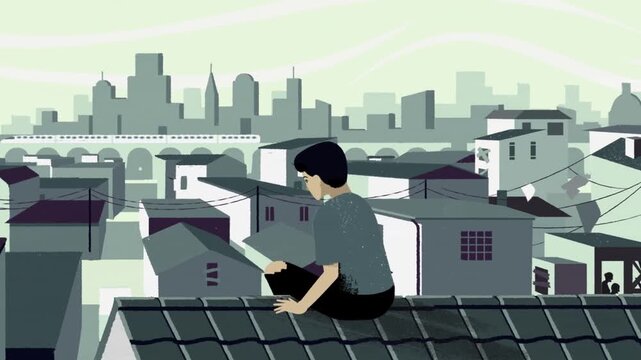 Young Man Sitting on Rooftop Looking at Modern City Skyline, Urban Lifestyle 2D Animation