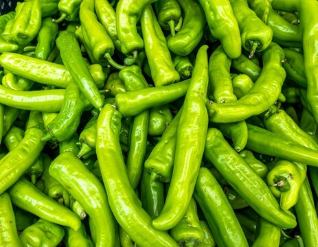 A close-up, overhead view of a large pile of fresh, bright green banana peppers. The peppers are long and slender, with some variations in shape and texture visible.