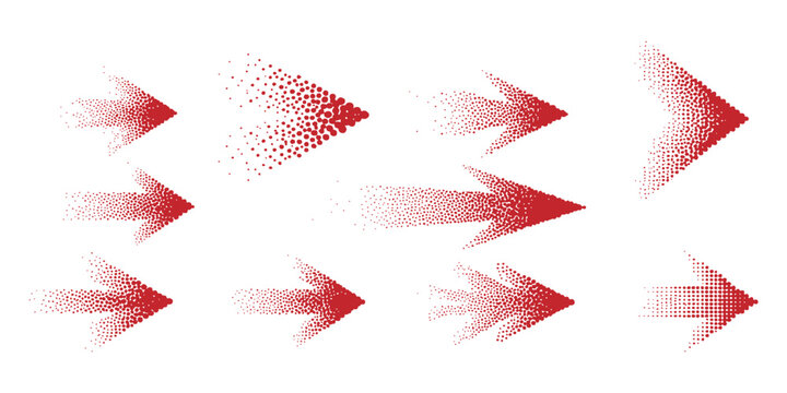 Collection of red halftone gradient arrow shapes with dotted fading effect isolated on white vector illustration.