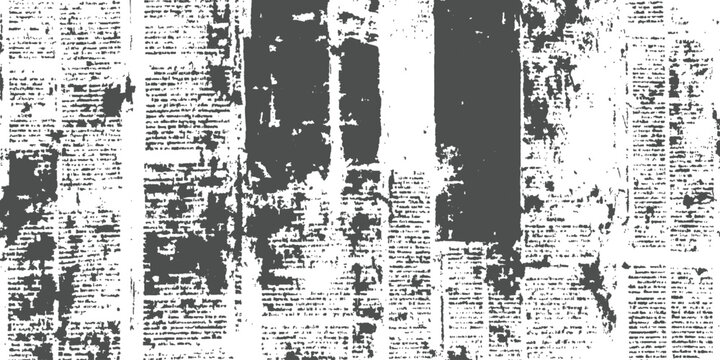 Distressed grunge newspaper texture with illegible typography and torn abstract black and white text vector illustration.