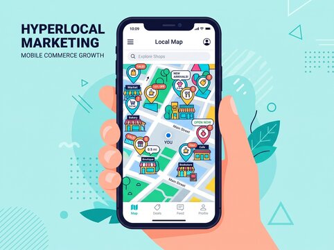 Hand holding smartphone with local map markers for hyperlocal mobile commerce marketing and business growth strategy
