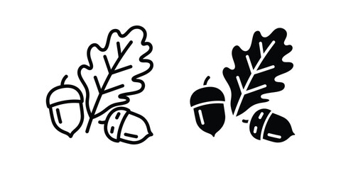 Set of acorn and oak leaf icons in outline and solid black styles for autumn design elements © HabibaDesign