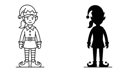 Christmas Elf Outline and Silhouette: A cheerful Christmas elf illustrated in a clean outline style stands alongside its dark silhouette, ready to spread holiday magic. © Hasna