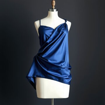 Minimalist fashion studio shot of a glossy blue camisole dress on mannequin