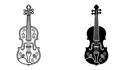 Two Violins, One Detailed, One Silhouette: An intricate, ornate violin illustration stands beside a stark, dark silhouette of the same instrument. © Hasina