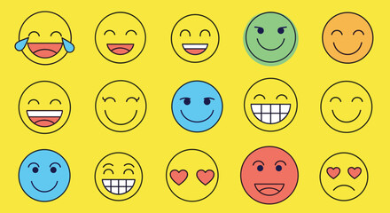 Fototapeta premium Set of fifteen colorful smiley faces and emojis expressing different emotions on a bright yellow background vector illustration.