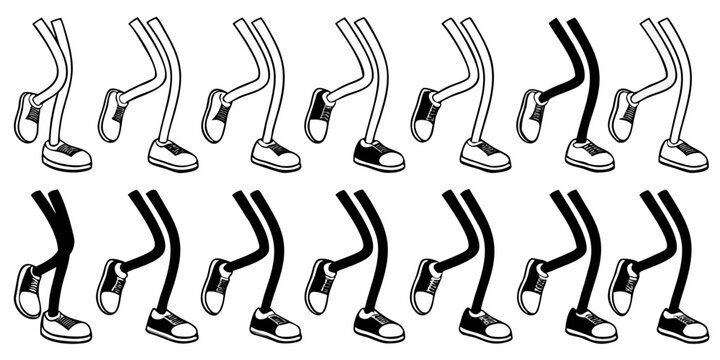 cartoon legs and feet in various dynamic poses black and white line art illustration vector graphic character design animation movement action