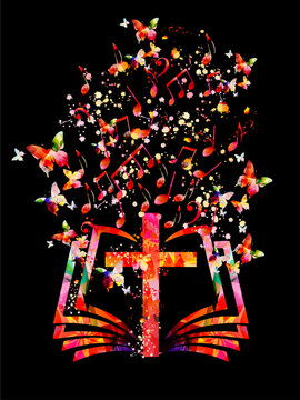 Colorful christian cross with music notes isolated vector illustration. Religion themed background. Design for gospel church music, choir singing, concert, festival, Christianity, prayer