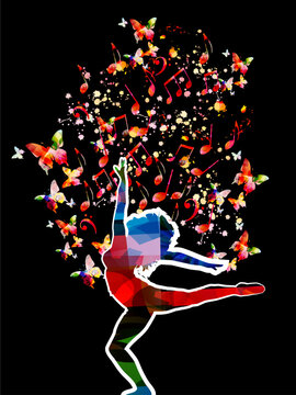 Creative music style template vector illustration, colorful music staff and notes with woman silhouette dancing, dancer performance background. Design for poster, brochure, banner, concert, festival