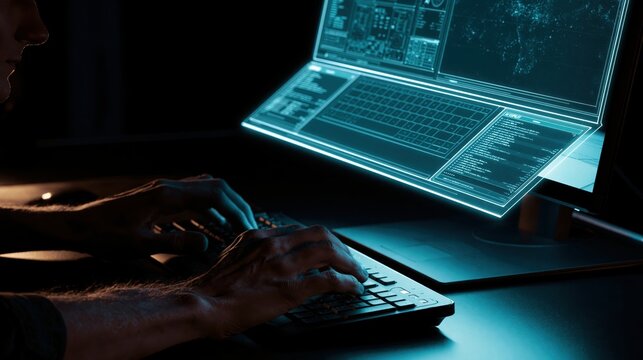 Faceless hands typing on a keyboard beside a glowing AI copilot panel floating over the screen