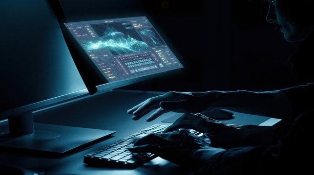 Faceless hands typing on a keyboard beside a glowing AI copilot panel floating over the screen