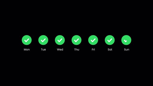Weekly habit tracker. Seven green circles with white checkmarks representing each day of the week. Perfect for calendar layouts or scheduling concepts.