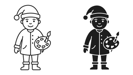 Artistic Little Elf: A cheerful little elf character, depicted in both outline and silhouette, holds a palette and paintbrush, ready to create. He wears a festive hat and warm coat.