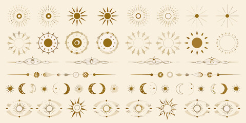 celestial gold dividers and circular frames featuring sun moon patterns astronomy ornament vector illustration beige background decorative elements design graphic art © Tarun