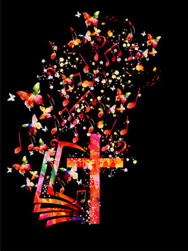 Colorful christian cross with music notes isolated vector illustration. Religion themed background. Design for gospel church music, choir singing, concert, festival, Christianity, prayer