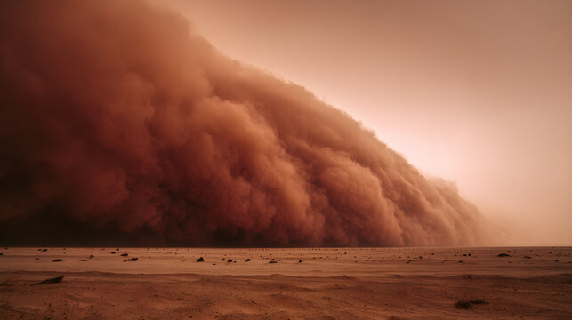 Large dust storm over a desert landscape