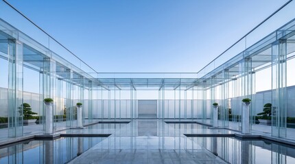 Naklejka premium Modern Glass Courtyard Interior with Reflective Floors and Natural Light in Minimalist Style