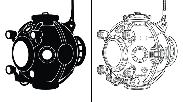 Submersible Vector Outline and Silhouette with Classic Sphere Design and Multiple Portholes