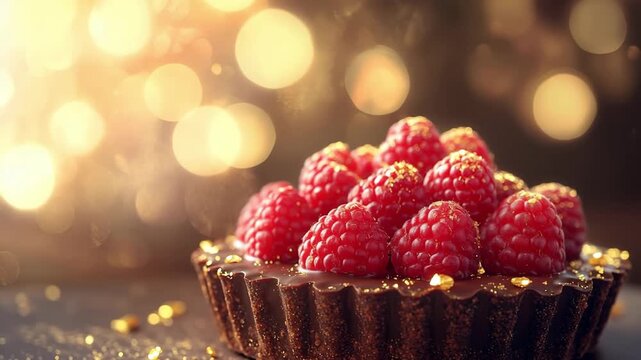 Chocolate tart topped with fresh raspberries and gold dust on festive bokeh, gourmet dessert temptation, luxury pastry sweet.