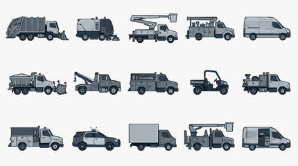 Professional Grayscale Set of 19 Distinct Utility and Service Vehicles for Various Municipal and Construction Uses © Vini