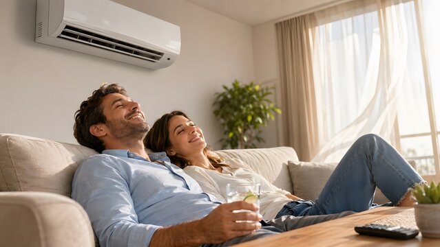Man and woman relaxing on sofa at home under air conditioner. Happy couple enjoying cool breeze in living room. Household climate control and summer heat relief in modern apartment.