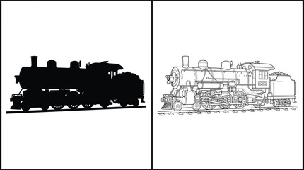 Train Steam Locomotive Silhouette with Detailed Line Art Vector Illustration for Classic Transportation Design © Hridoy