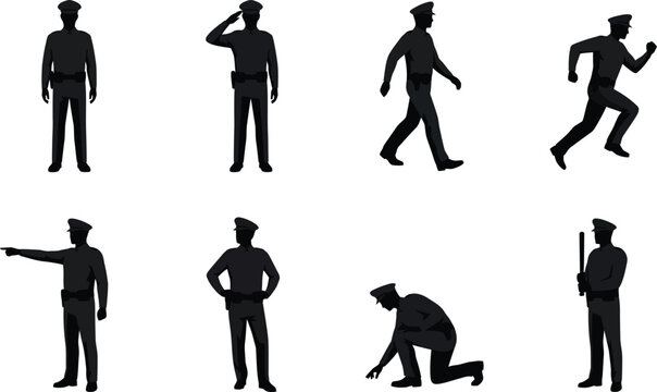 Police officer silhouette set in different action poses walking saluting running and security duty vector illustration
