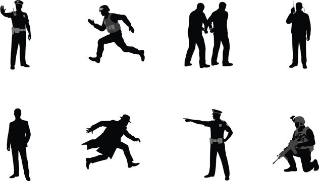 Police law enforcement action silhouettes arrest chase investigation security crime scene vector illustration set