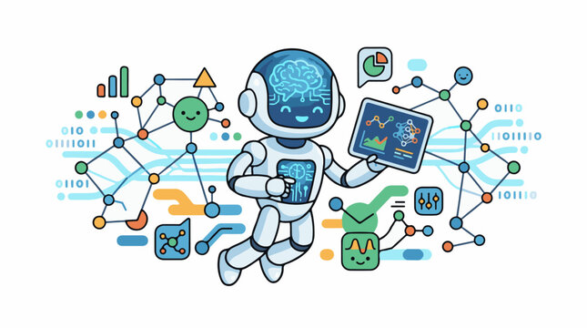 Robot with digital brain and tablet surrounded by data streams