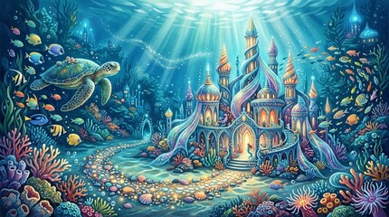 Obraz premium Underwater Fantasy Palace with Sea Turtle