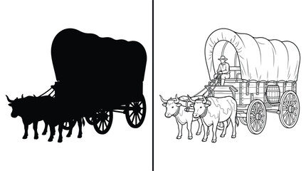 Wagon Covered with Oxen Pulling It Over Land in a Line Art and Silhouette Design Illustration © Hridoy