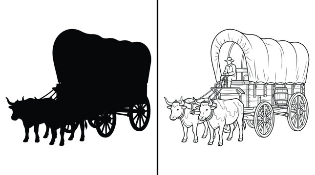 Wagon Covered with Oxen Pulling It Over Land in a Line Art and Silhouette Design Illustration