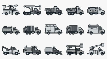 Elegant Collection of Monochromatic Utility and Service Vehicles Flat Icons Set with high quality professional line art symbols for modern creative design and digital branding projects © Vini