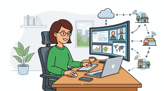 Woman working remotely connected to multiple locations via cloud