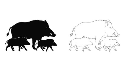 Wild Boars Silhouettes and Line Art Set with an Adult Pig and Two Offspring as a Flat Vector Illustration © Hridoy