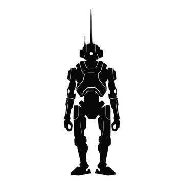 Robotic droid silhouette standing tall with long antenna on head tech bipedal machine design.