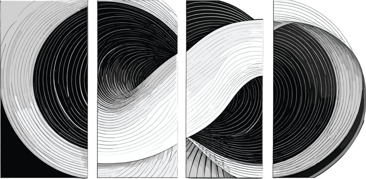 Abstract Minimalist Black and White Concentric Stripe Line Triptych Vector Set with Geometric Wave Patterns, Textured Swirl Curves, and Contemporary Polyptych Wall Art Designs